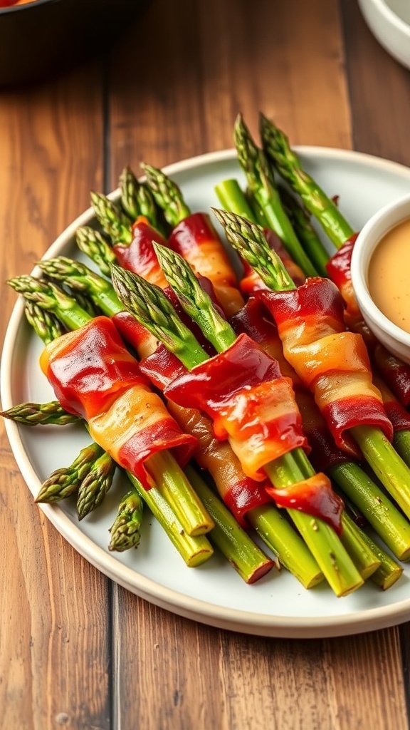 Air Fryer Bacon-Wrapped Asparagus Recipe Crispy bacon-wrapped asparagus on a plate, garnished with black pepper, served with dipping sauce.